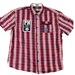 Parish Nation Plaid Shirt Men's 4XL Short Sleeve Button Up Patch Logo Big & Tall